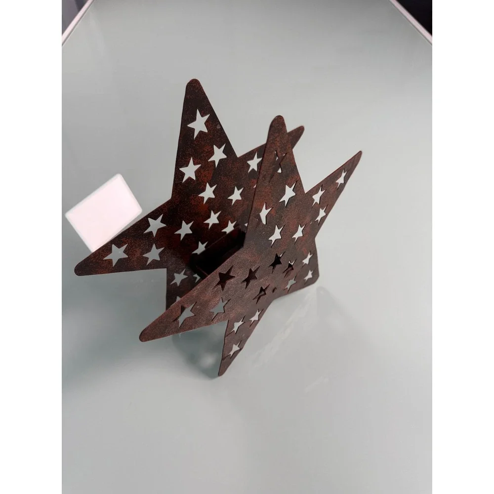 Rustic Metal Star Lantern Candle Holder Star Cut outs Inner Square Compartment